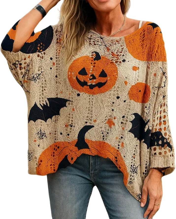 Halloween Crochet Pumpkin Sweater Women, Oversized Pumpkin Knit Pullover, Bat Witch Hat Cozy Fall Sweater