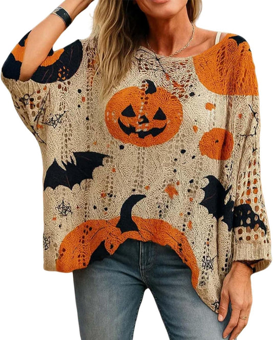 Halloween Crochet Pumpkin Sweater Women, Oversized Pumpkin Knit Pullover, Bat Witch Hat Cozy Fall Sweater