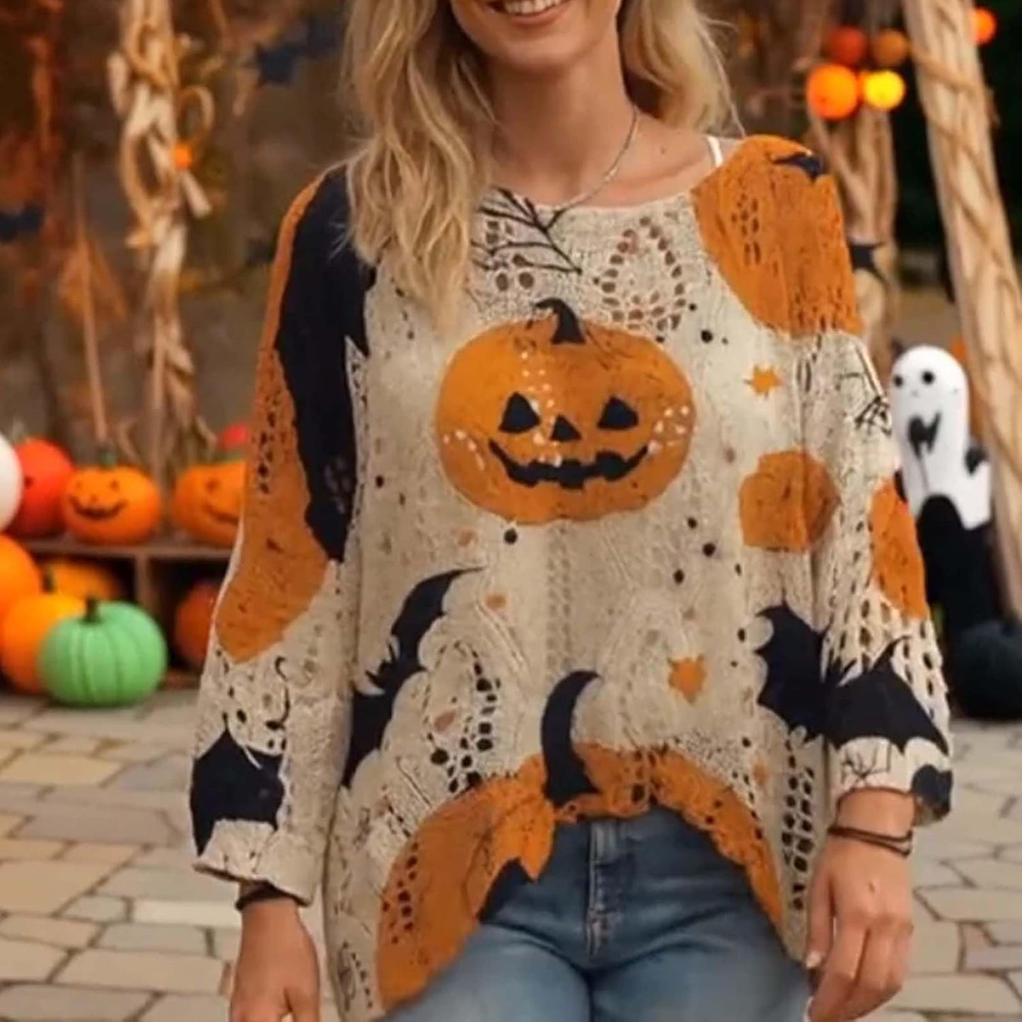 Halloween Crochet Pumpkin Sweater Women, Oversized Pumpkin Knit Pullover, Bat Witch Hat Cozy Fall Sweater