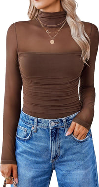 Women Long Sleeve Bodysuit Turtle Neck Shapewear Body Suits Mesh One Piece Leotard Shirt Going Out Tops Fall Outfits